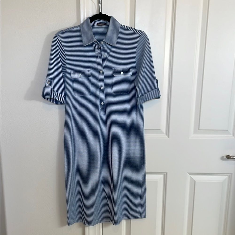 J. McLaughlin Knit Blue Striped Shirt Dress